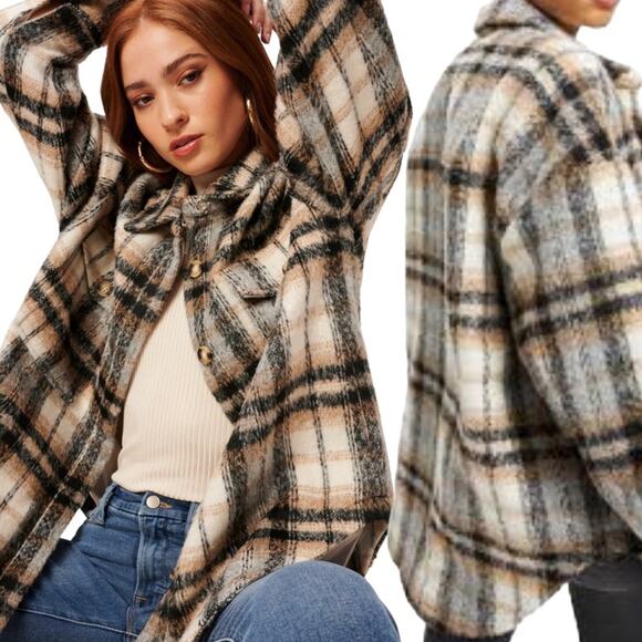 Good American Jackets & Blazers - NWT Good American Plaid Shacket Neutral Plaid Browns and Black Oversized S / M